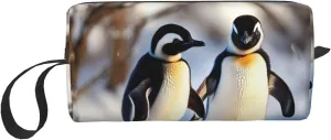 Young Penguins With Snow print Multi-Purpose Cosmetic Bag with Zipper Canvas Makeup Bag, Travel Toiletry Pouch, Pencil Bag