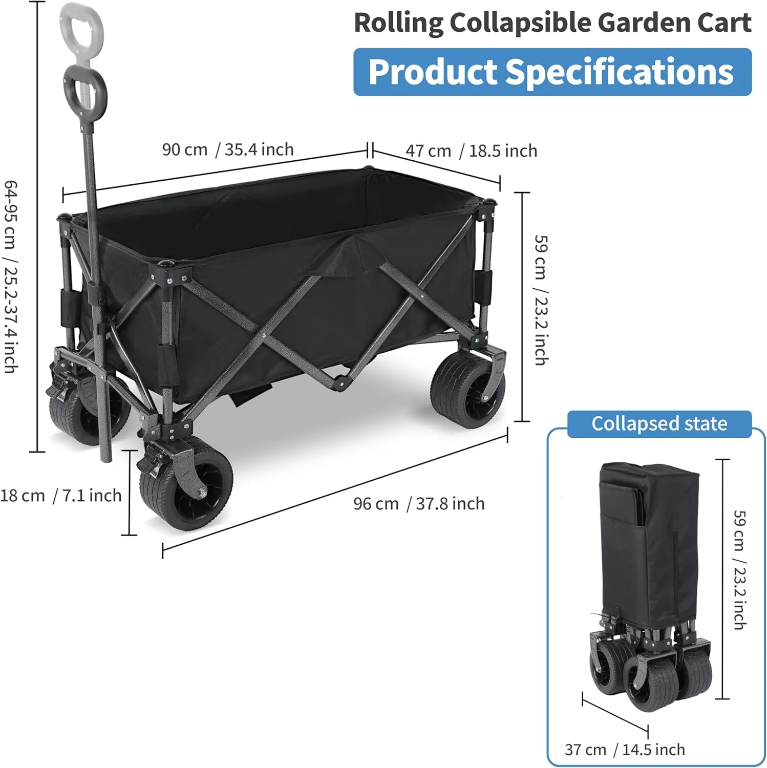 YSSOA Collapsible Wagon Carts Foldable, Garden Cart with 360° All-Terrain Wheels, Adjustable Handle, 220lbs Weight Capacity, 113L, Utility Wagons for Outdoor, Heavy Duty Wagon Cart
