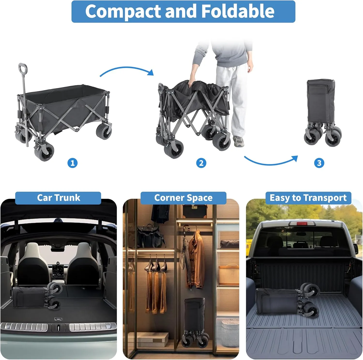 YSSOA Collapsible Wagon Carts Foldable, Garden Cart with 360° All-Terrain Wheels, Adjustable Handle, 220lbs Weight Capacity, 113L, Utility Wagons for Outdoor, Heavy Duty Wagon Cart