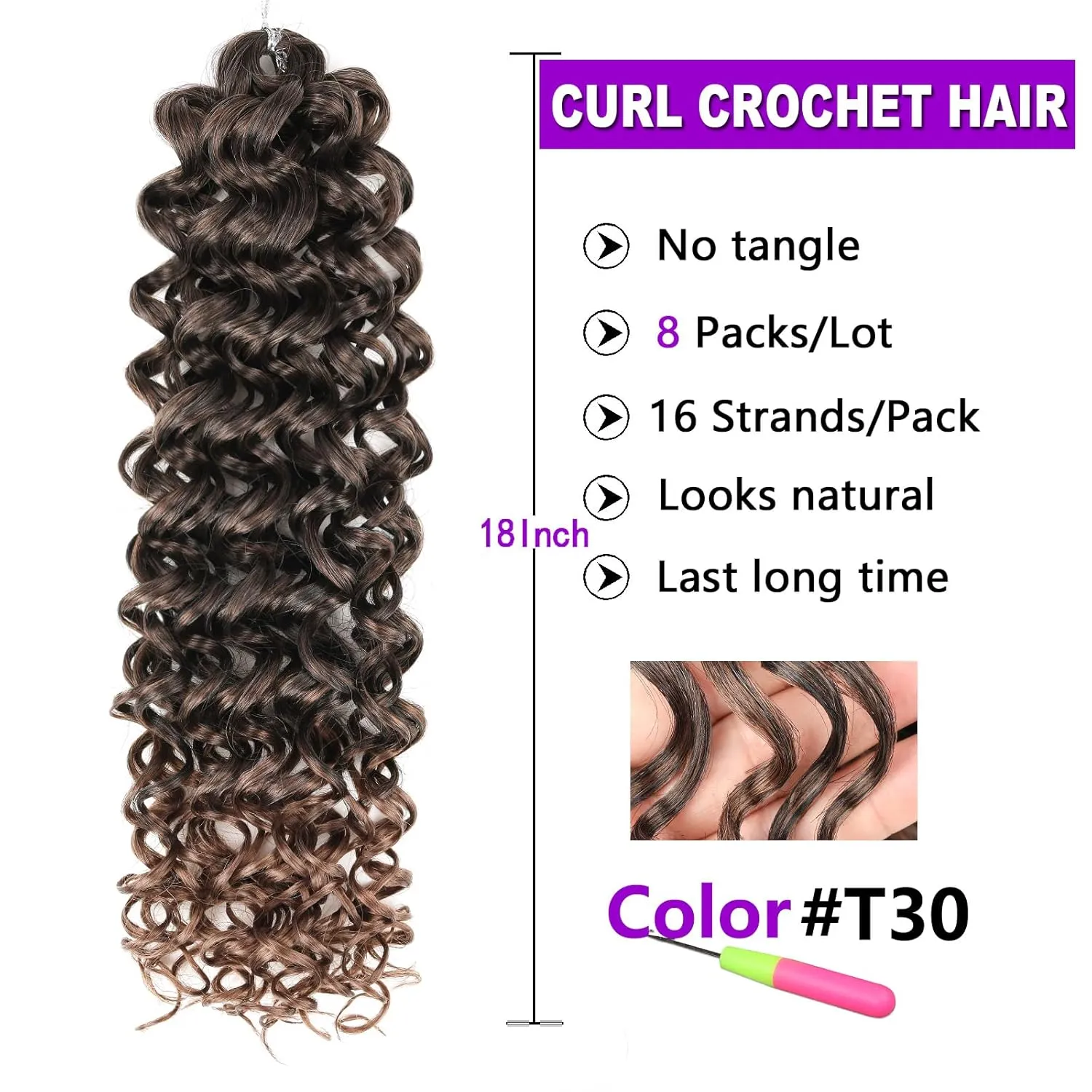 ZRQ GoGo Curl Crochet Hair 18 Inch Long Curly Crochet Hair for Women,8 Packs Beach Curl Water Wave Deep Twist Crochet Braids Hair Extensions(18 Inch, T30)
